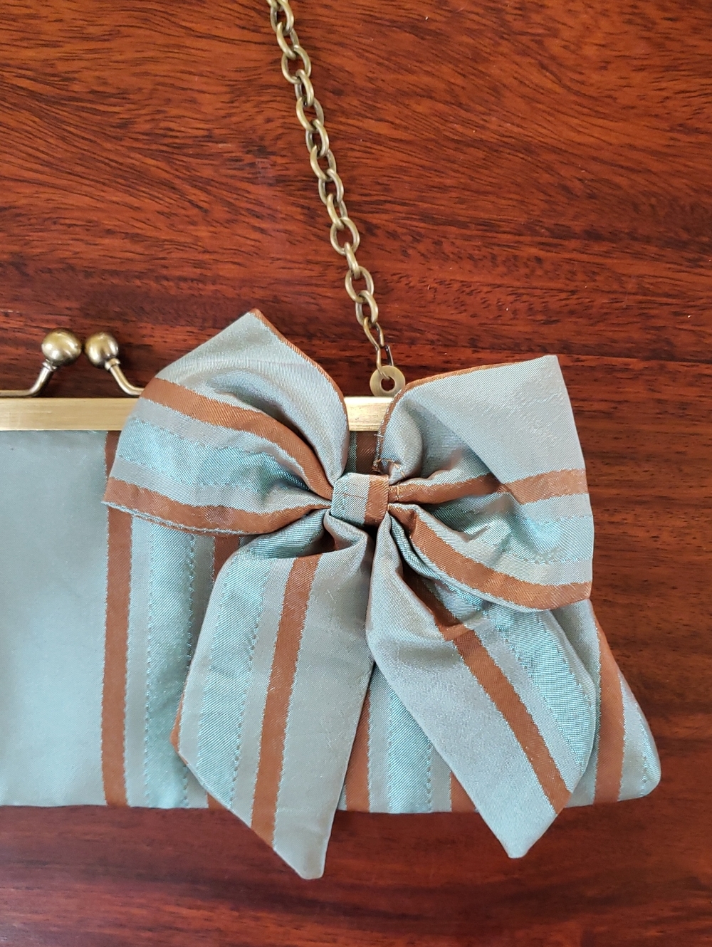 Vintage 90s Satin Polka Dot & Striped Clutch Set Blue Teal Copper Evening Bags - Picture 13 of 15